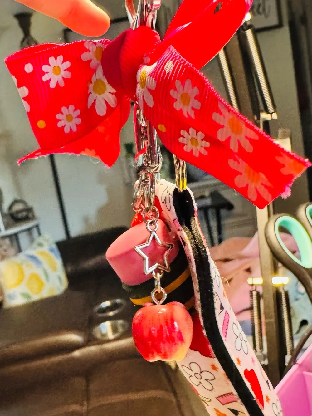 Kids Pink Daisy Back to School Charm Lanyard with Pencil & Apple Charms